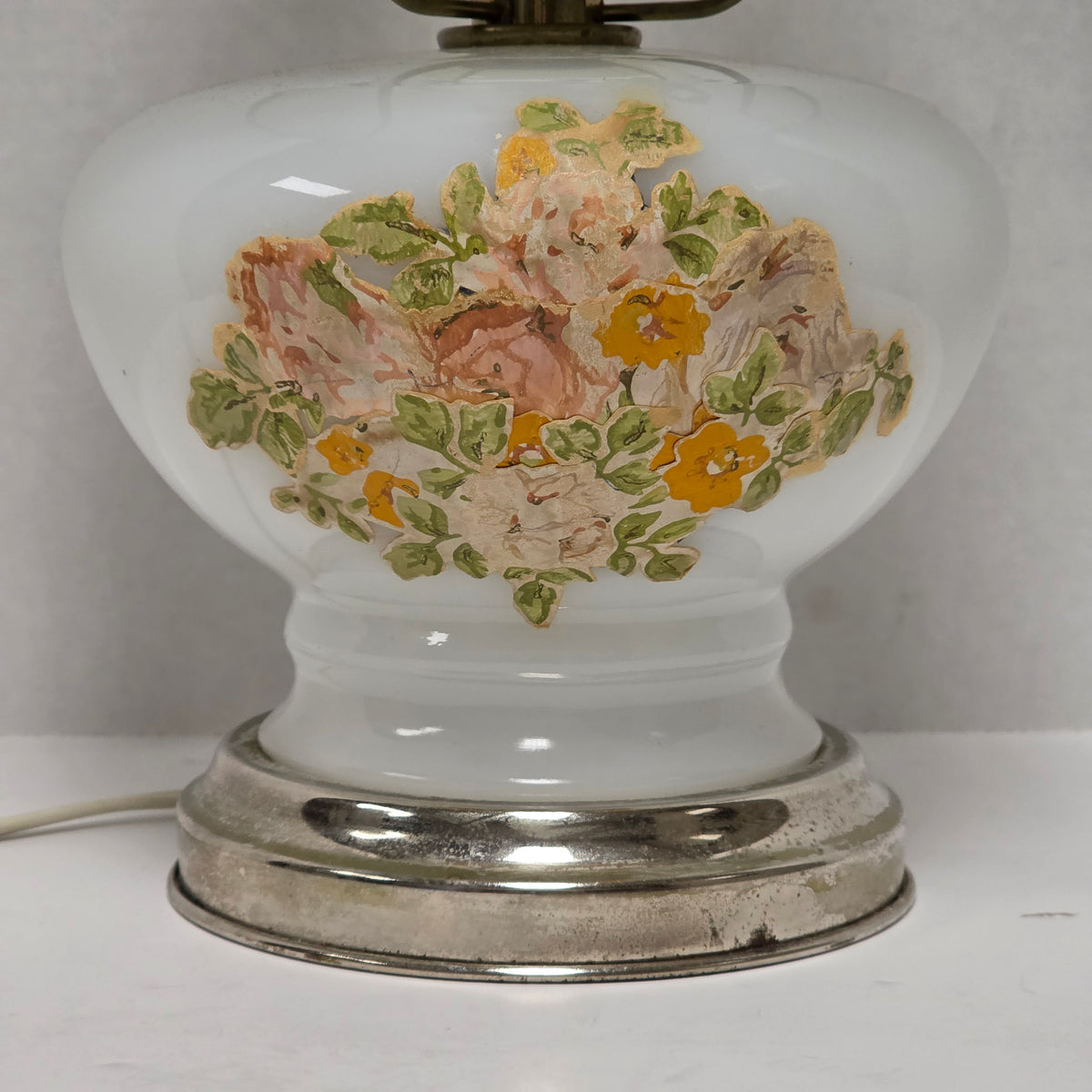 14 inch mid-century modern milk glass hurricane lamp with floral accents
