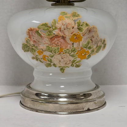 14 inch mid-century modern milk glass hurricane lamp with floral accents
