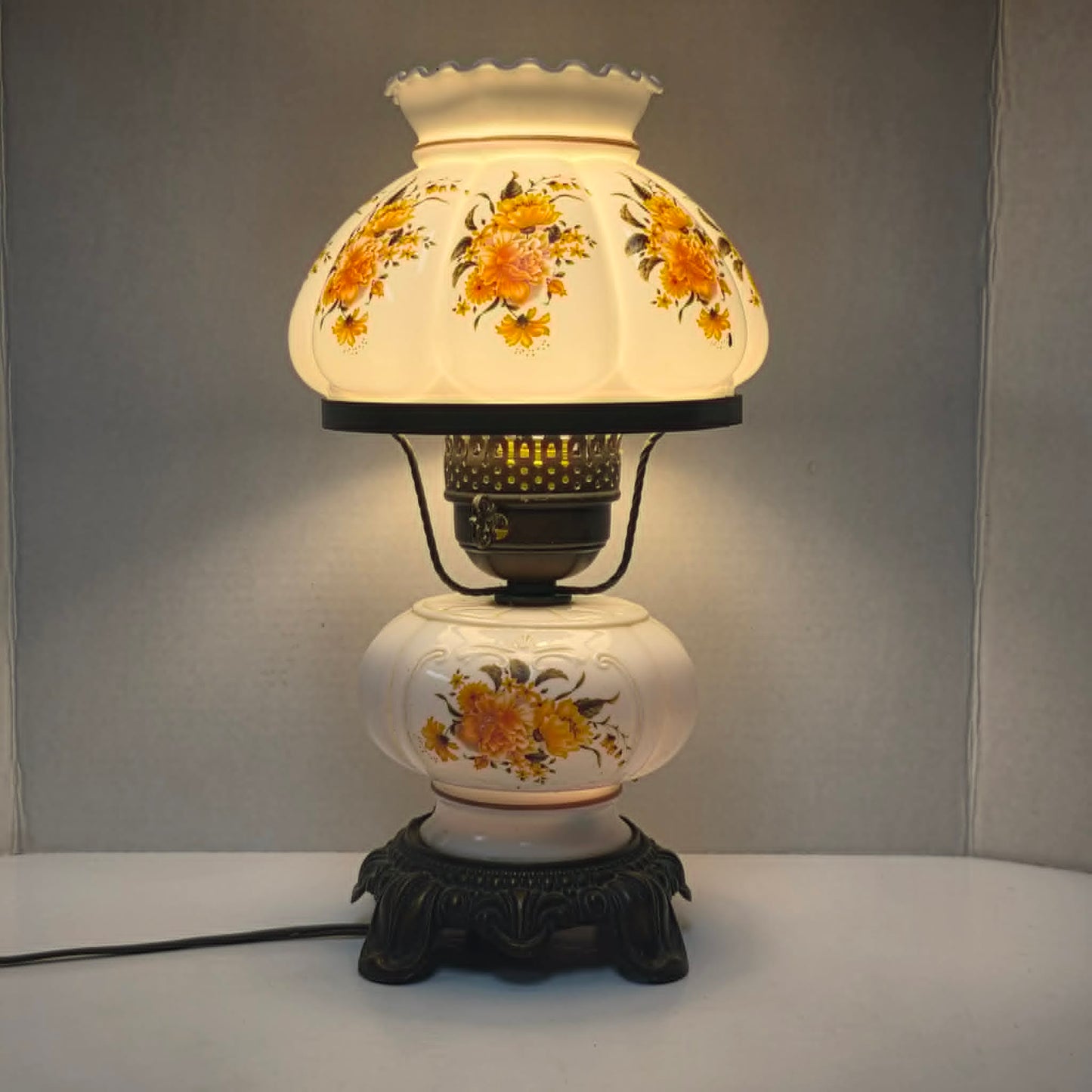 Petite Gone With the Wind milk glass hurricane lamp with orange flowers
