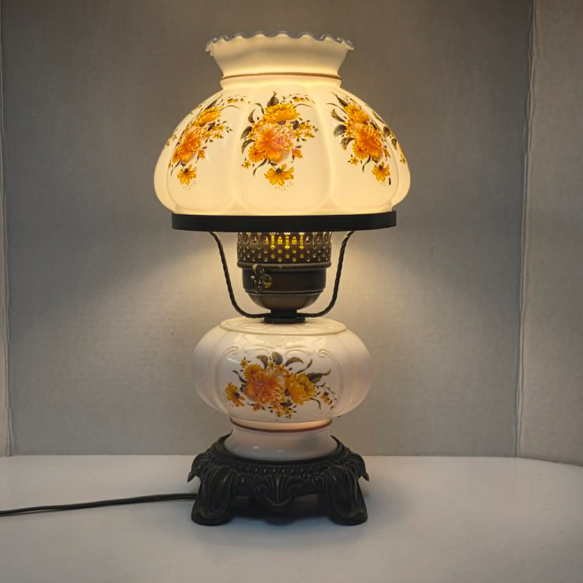 Petite Gone With the Wind milk glass hurricane lamp with orange flowers