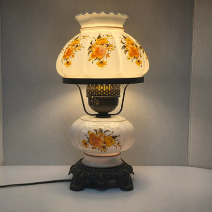 Petite Gone With the Wind milk glass hurricane lamp with orange flowers