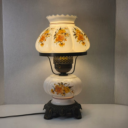 Petite Gone With the Wind milk glass hurricane lamp with orange flowers