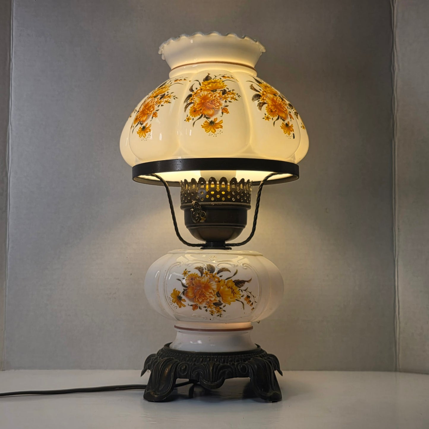 Petite Gone With the Wind milk glass hurricane lamp with orange flowers