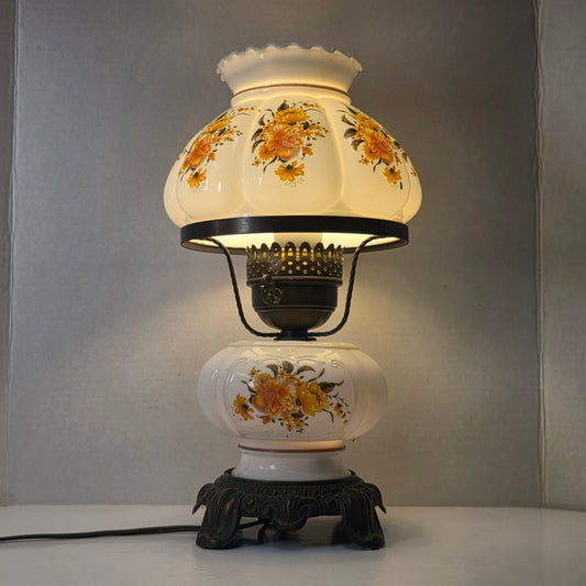 Petite Gone With the Wind milk glass hurricane lamp with orange flowers