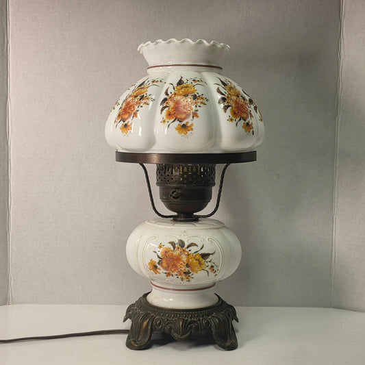 Petite Gone With the Wind milk glass hurricane lamp with orange flowers