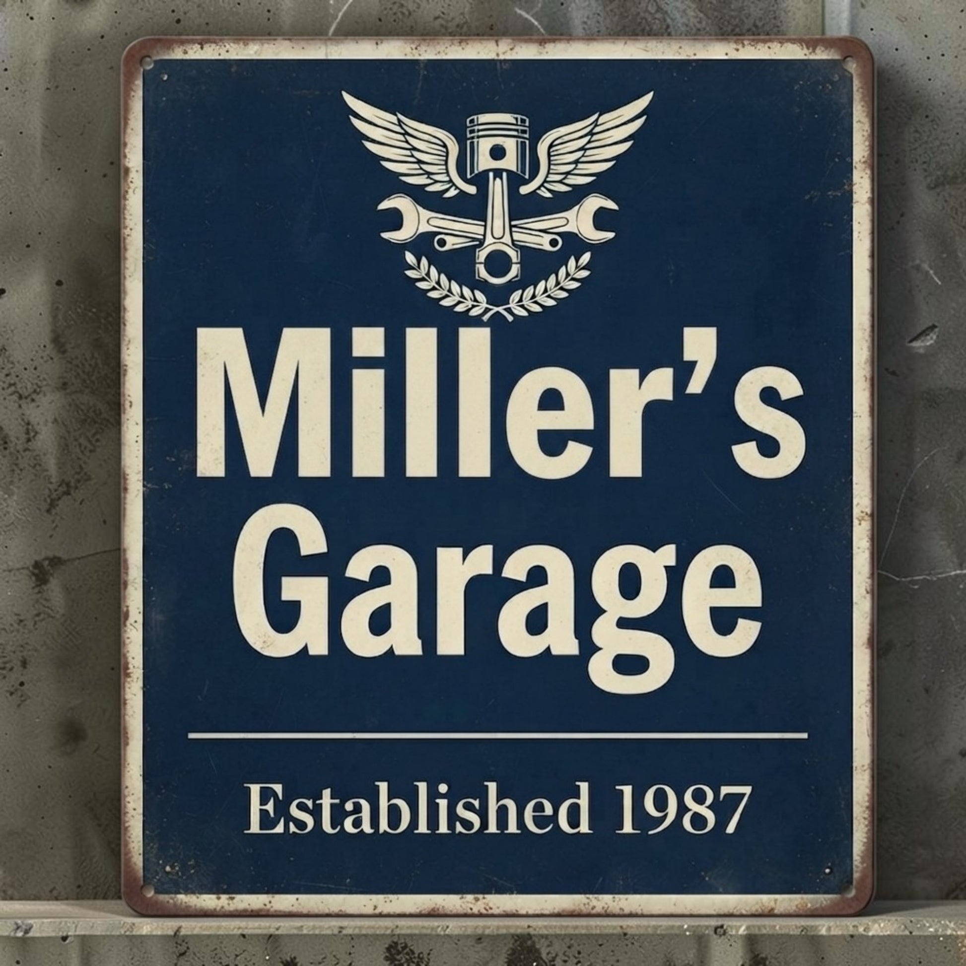 Personalized rustic metal garage sign with custom name and date.
