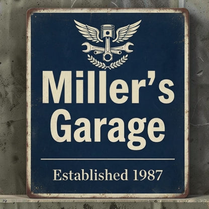 Personalized rustic metal garage sign with custom name and date.
