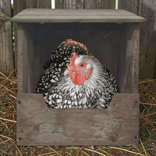 Hand-built reclaimed nesting box for chickens or rabbits, available in two sizes.