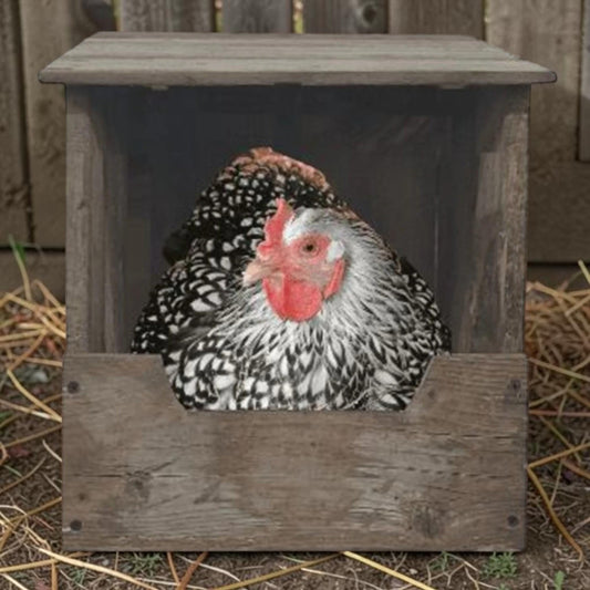 Hand-built reclaimed nesting box for chickens or rabbits, available in two sizes.
