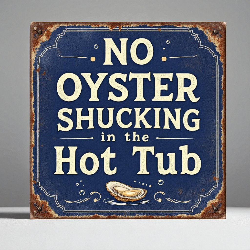 Vintage-style sign with 'No Oyster Shucking in the Hot Tub' text on a blue background.