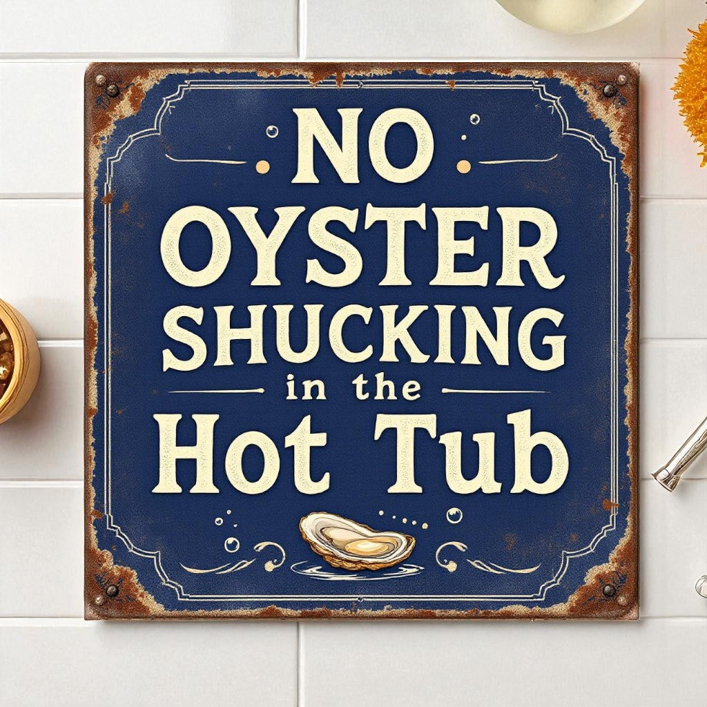 Vintage-style sign with humorous text 'No Oyster Shucking in the Hot Tub' on a blue background.