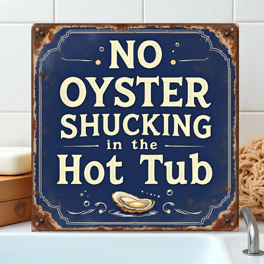 Vintage-style sign with 'No Oyster Shucking in the Hot Tub' text and an oyster illustration, placed against a tiled wall.