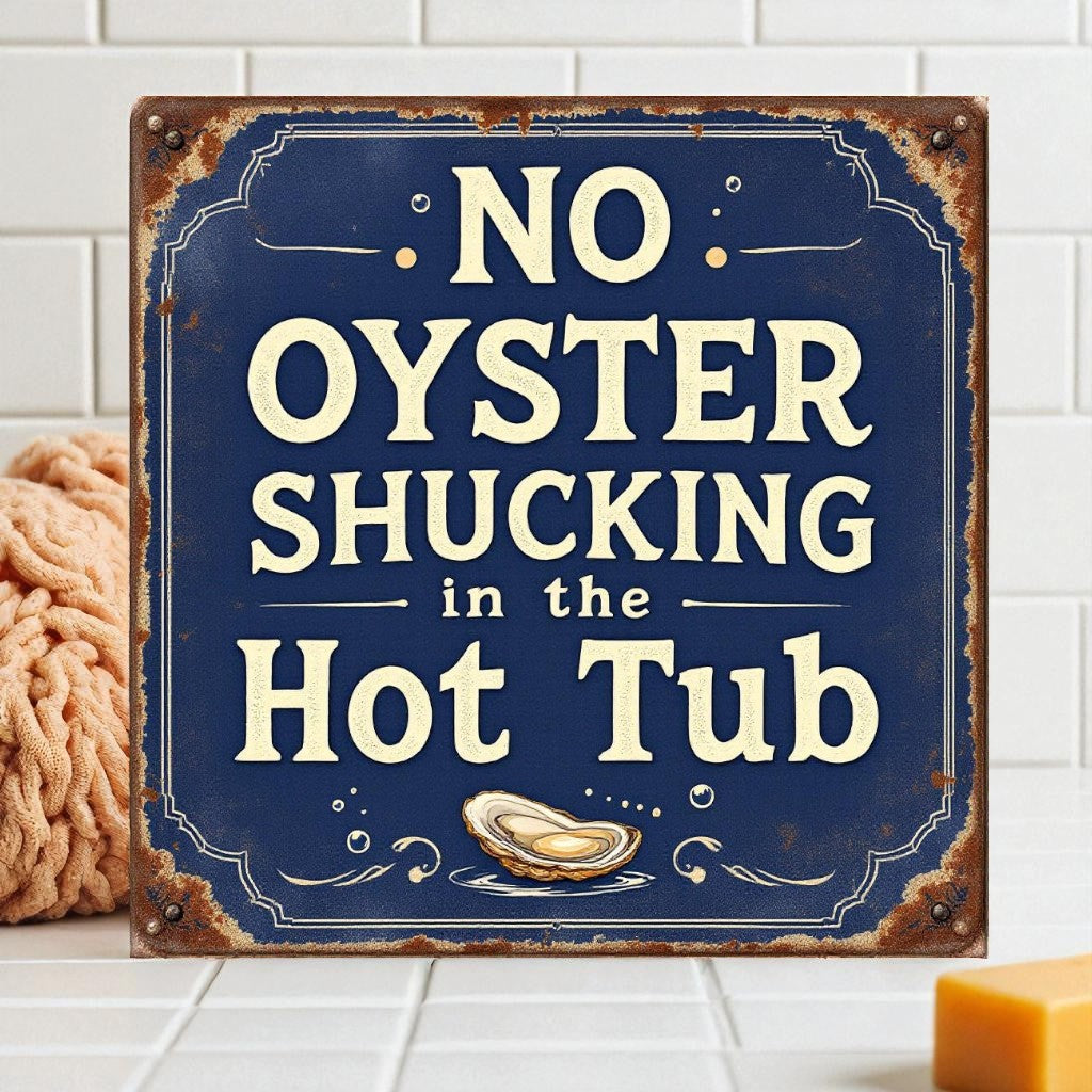 Vintage-style sign with 'No Oyster Shucking in the Hot Tub' text on a blue background.