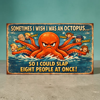 Octopus Humor Metal Sign – “Sometimes I Wish I Was an Octopus So I Could Slap 8 People at Once”