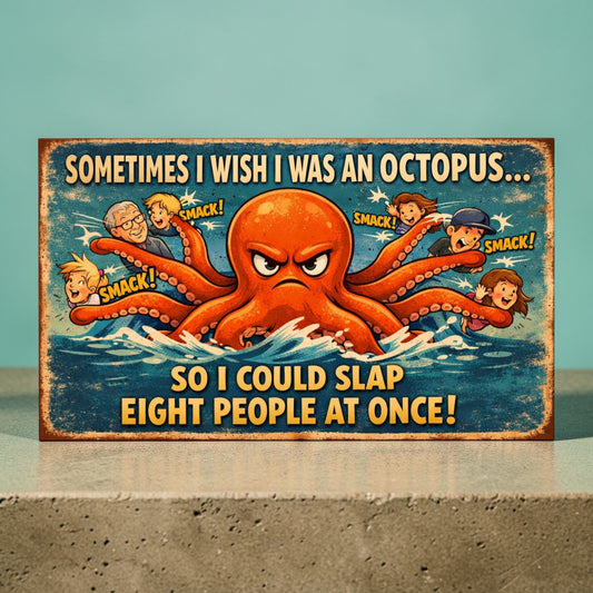 Octopus Humor Metal Sign – “Sometimes I Wish I Was an Octopus So I Could Slap 8 People at Once”