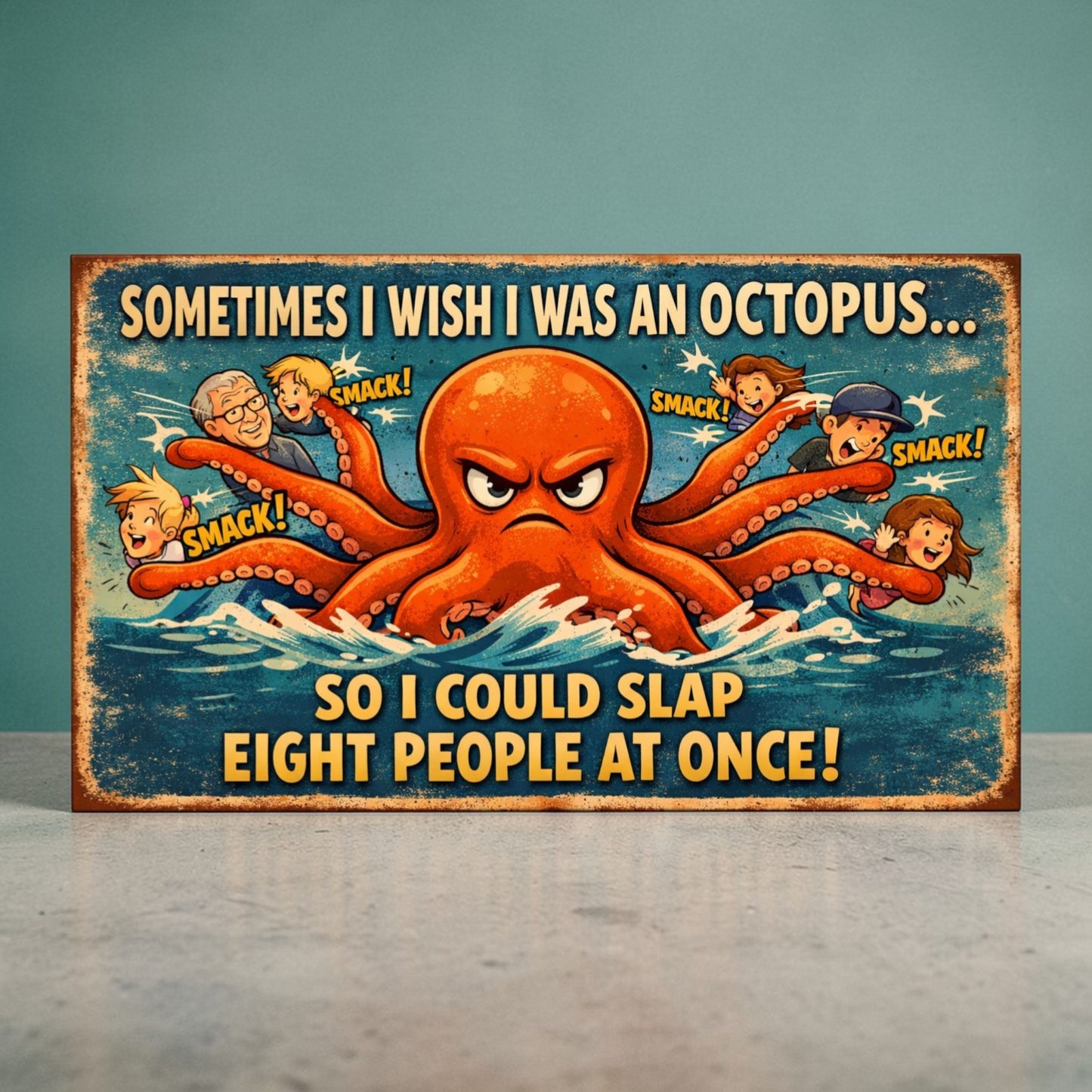 Octopus Humor Metal Sign – “Sometimes I Wish I Was an Octopus So I Could Slap 8 People at Once”