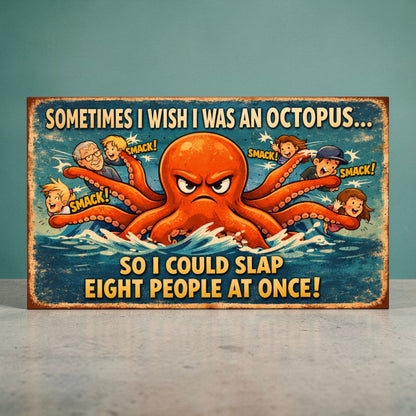Octopus Humor Metal Sign – “Sometimes I Wish I Was an Octopus So I Could Slap 8 People at Once”