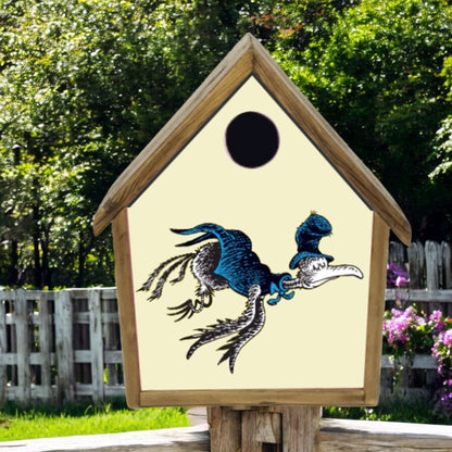 Wooden birdhouse with a dragon design on a natural background