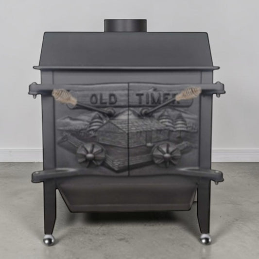 Refurbished vintage wood stove with top vent, refractory firebrick and optional baffle plate.
