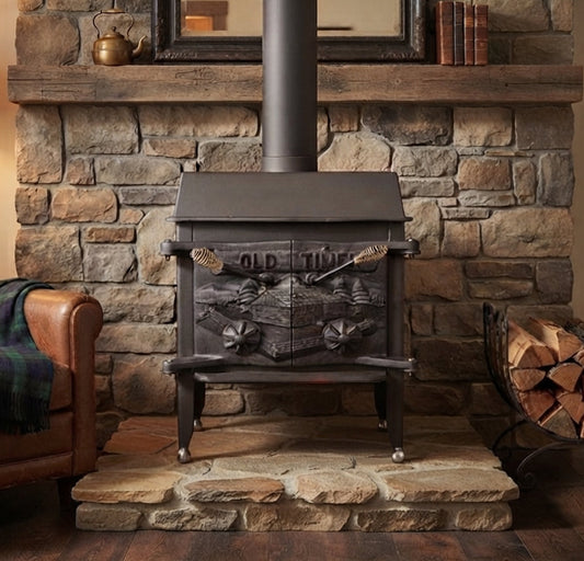 Refurbished vintage wood stove with top vent, refractory firebrick and optional baffle plate.
