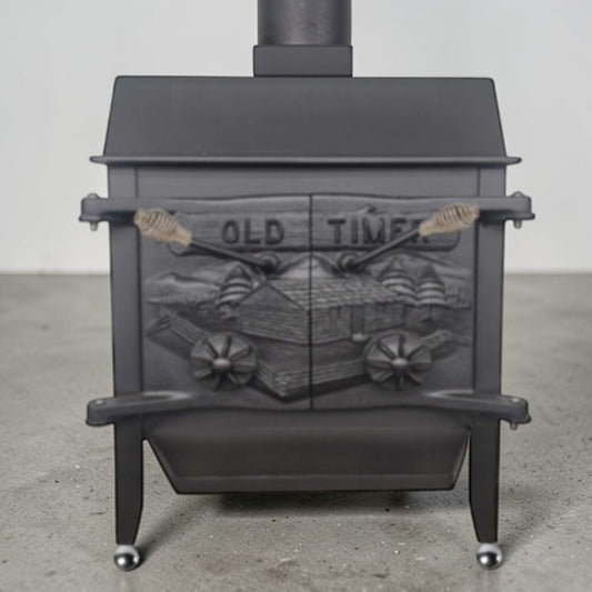 Old-Timer Wood Stove with Top Vent Chimney – Cast Iron Heating Stove – Optional Screen and Baffle Plate