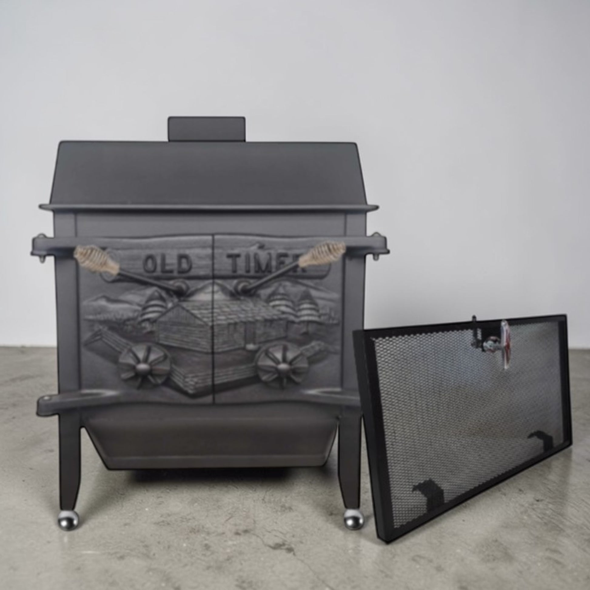 Old-Timer Wood Stove with Top Vent Chimney – Cast Iron Heating Stove – Optional Screen and Baffle Plate - Wainfleet Trading Post