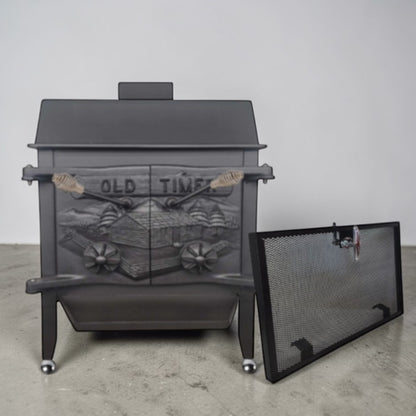 Old-Timer Wood Stove with Top Vent Chimney – Cast Iron Heating Stove – Optional Screen and Baffle Plate - Wainfleet Trading Post