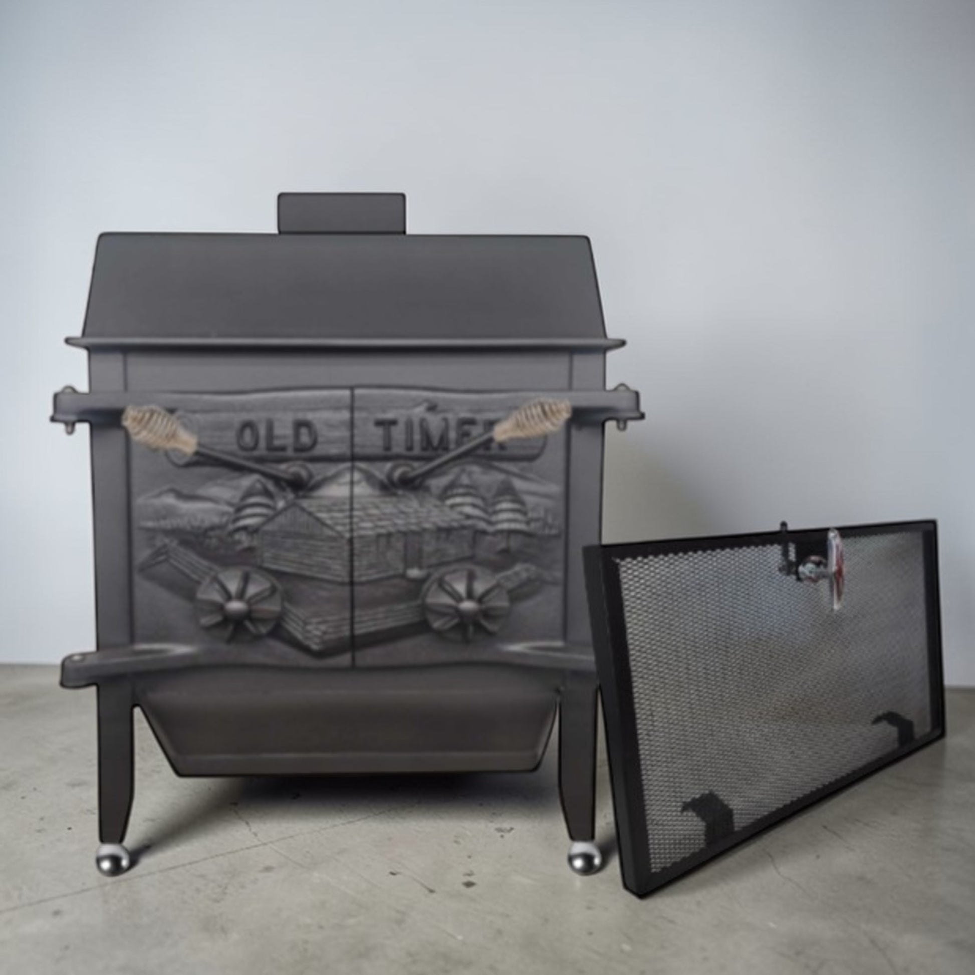 Old-Timer Wood Stove with Top Vent Chimney – Cast Iron Heating Stove – Optional Screen and Baffle Plate - Wainfleet Trading Post