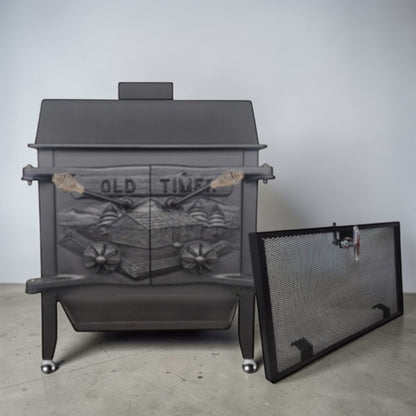 Old-Timer Wood Stove with Top Vent Chimney – Cast Iron Heating Stove – Optional Screen and Baffle Plate - Wainfleet Trading Post