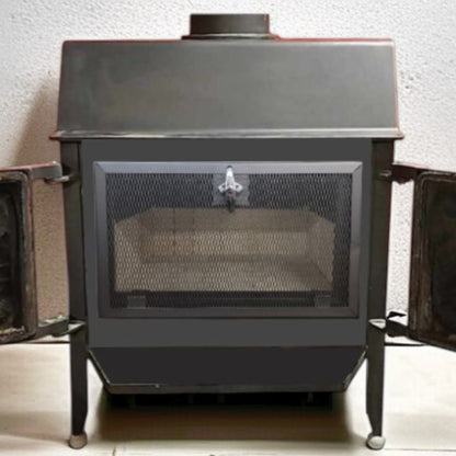 Wood-burning stove with open door on a white background