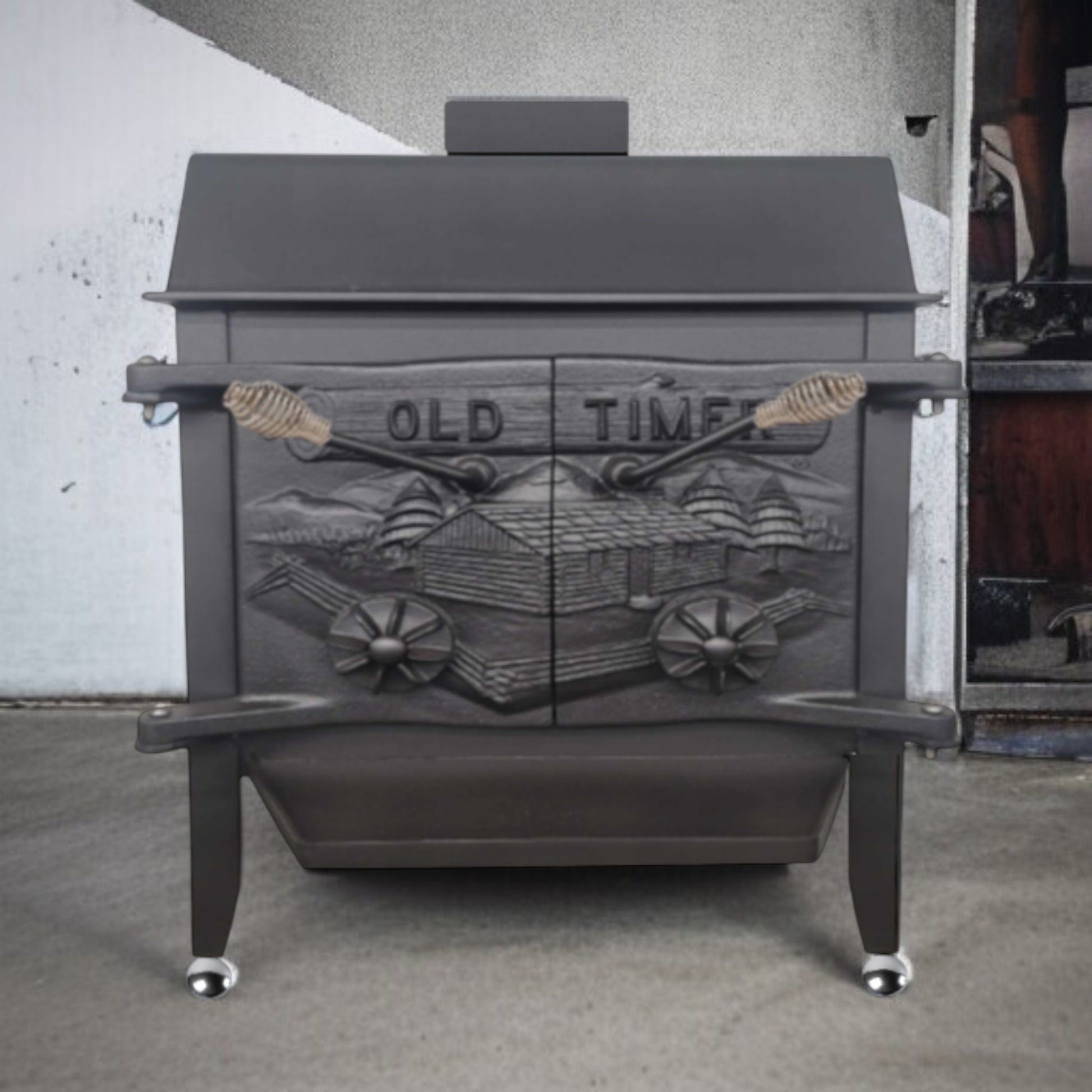 Wood stove with 'Old Time' design on a gray background