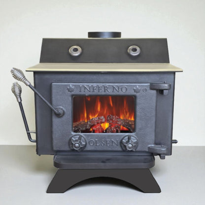 Wood stove with visible flames inside, branded 'Inferno Olsen', on a white background