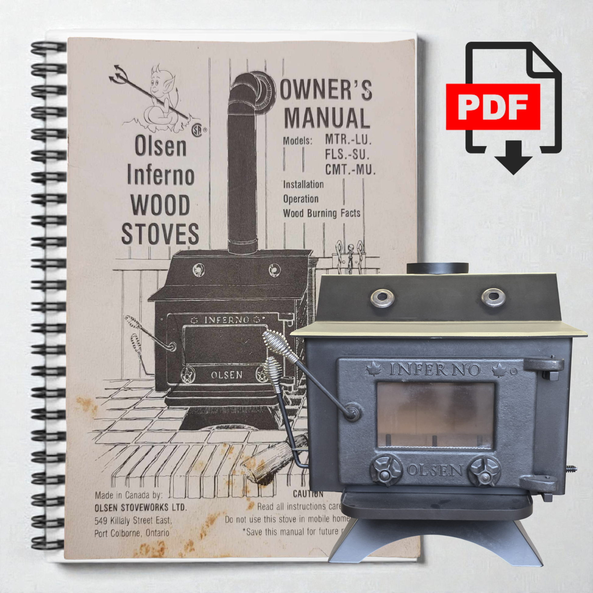 Olsen Inferno wood stove with owner's manual on a white background