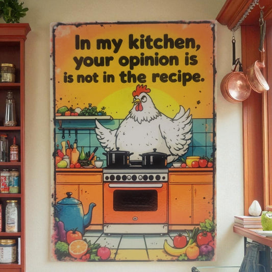 Decorative sign with a chicken in a kitchen setting on a wall.