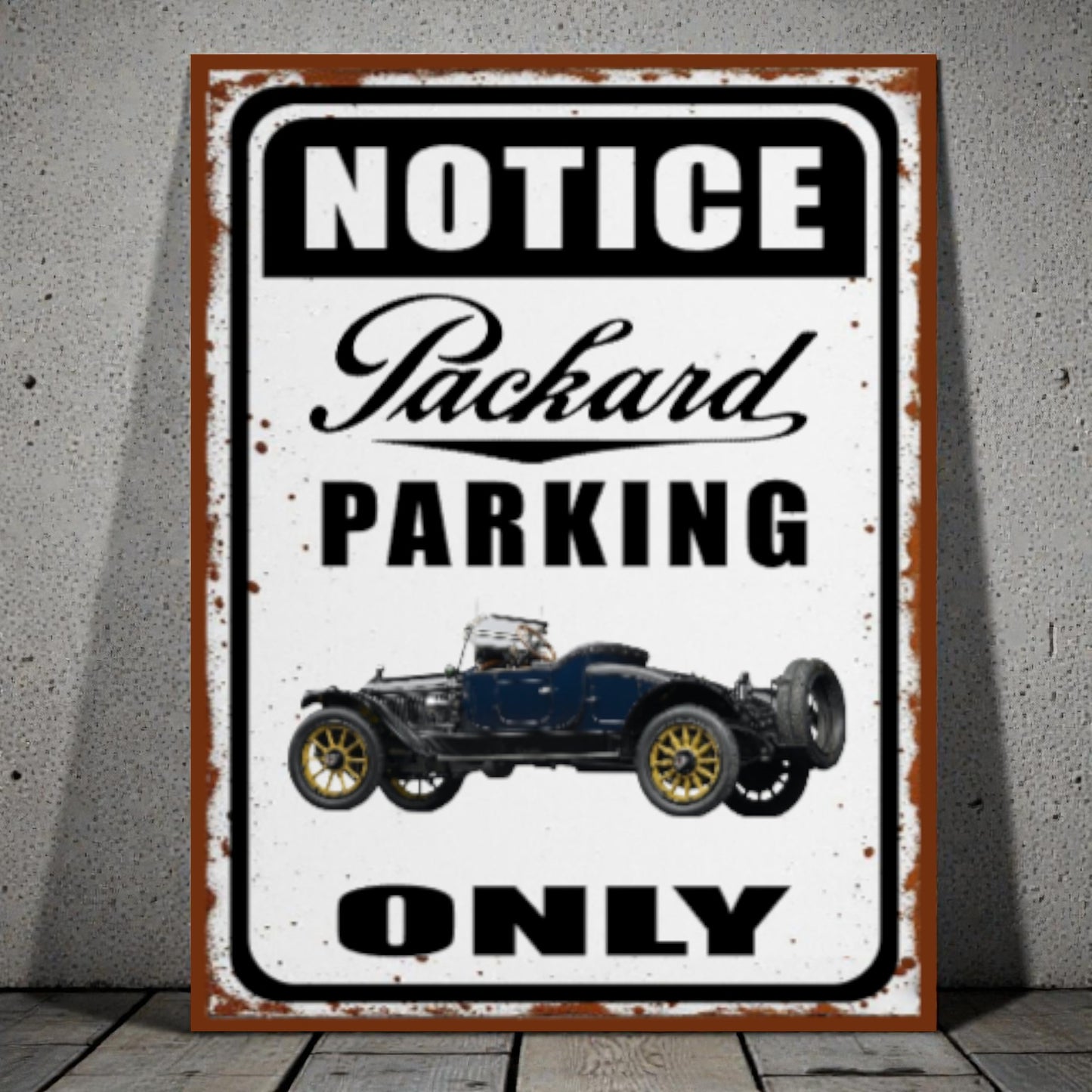 Vintage-style metal sign with Packard car illustration and 'Notice Packard Parking Only' text on a gray background.