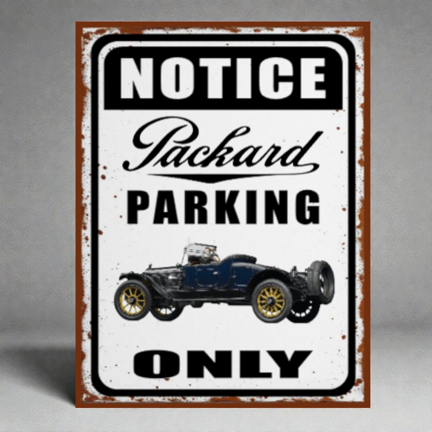 Vintage-style metal sign with Packard car illustration and 'Notice Packard Parking Only' text on a gray background.