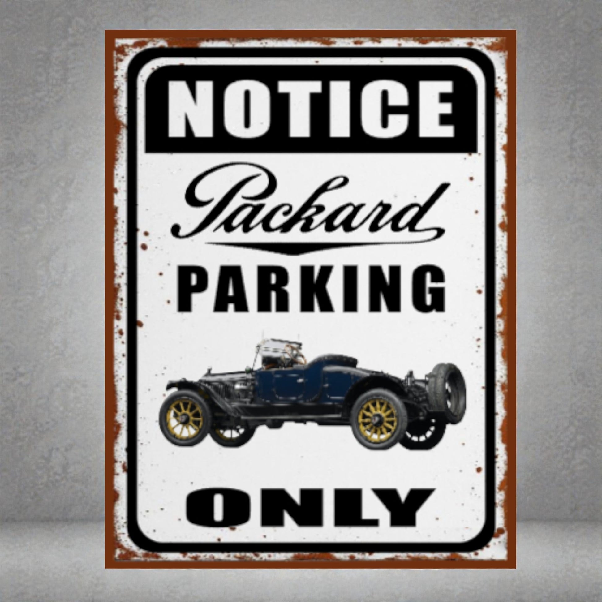 Vintage-style metal sign with Packard car illustration and 'Notice Packard Parking Only' text on a gray background.