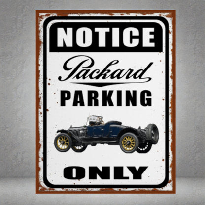 Vintage-style metal sign with Packard car illustration and 'Notice Packard Parking Only' text on a gray background.