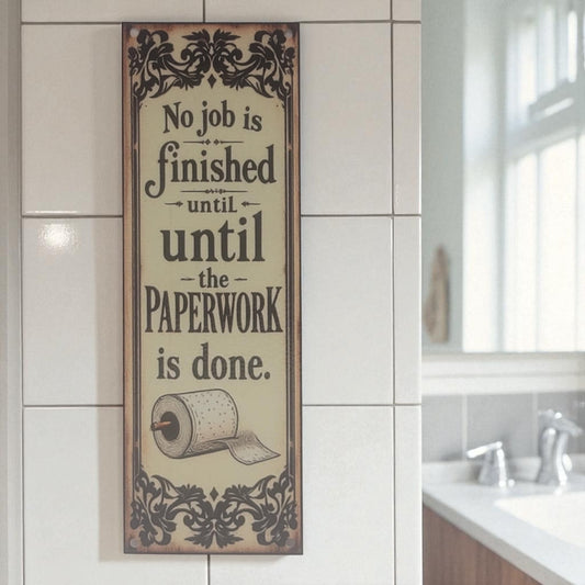 Decorative sign with humorous quote on a tiled bathroom wall.