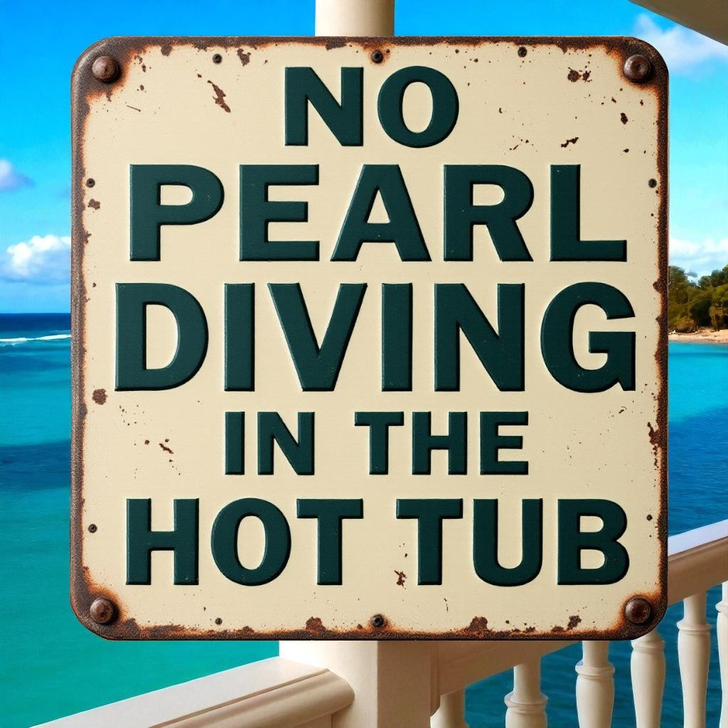 Sign reading 'No Pearl Diving in the Hot Tub' with a beach background