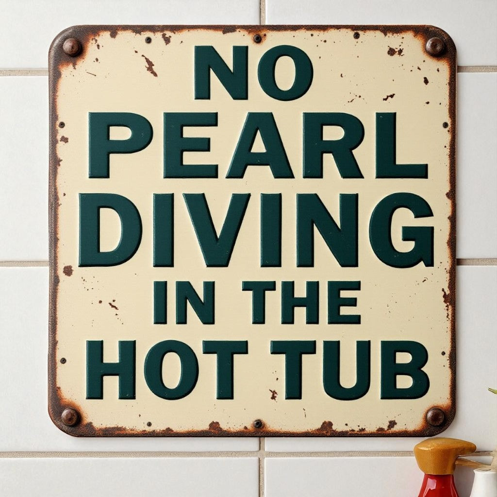 Vintage-style sign with humorous text on a tiled wall
