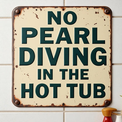 Vintage-style sign with humorous text on a tiled wall
