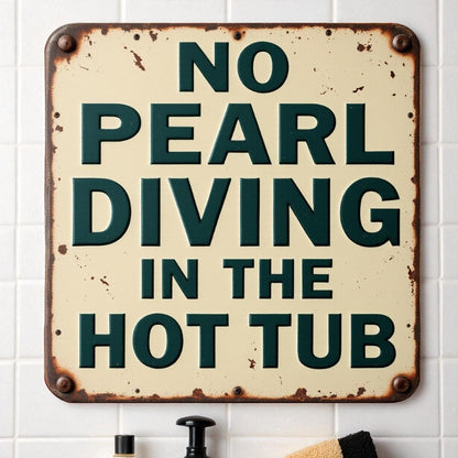 Vintage-style sign with humorous text on a tiled wall background