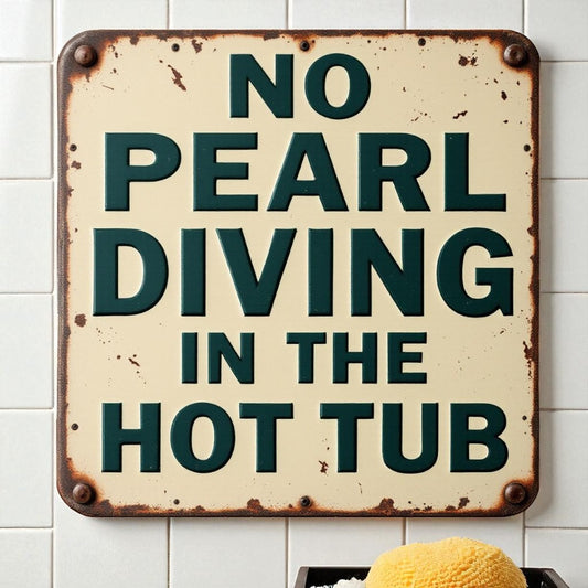 Vintage-style sign with humorous text about pearl diving in a hot tub, mounted on a tiled wall.