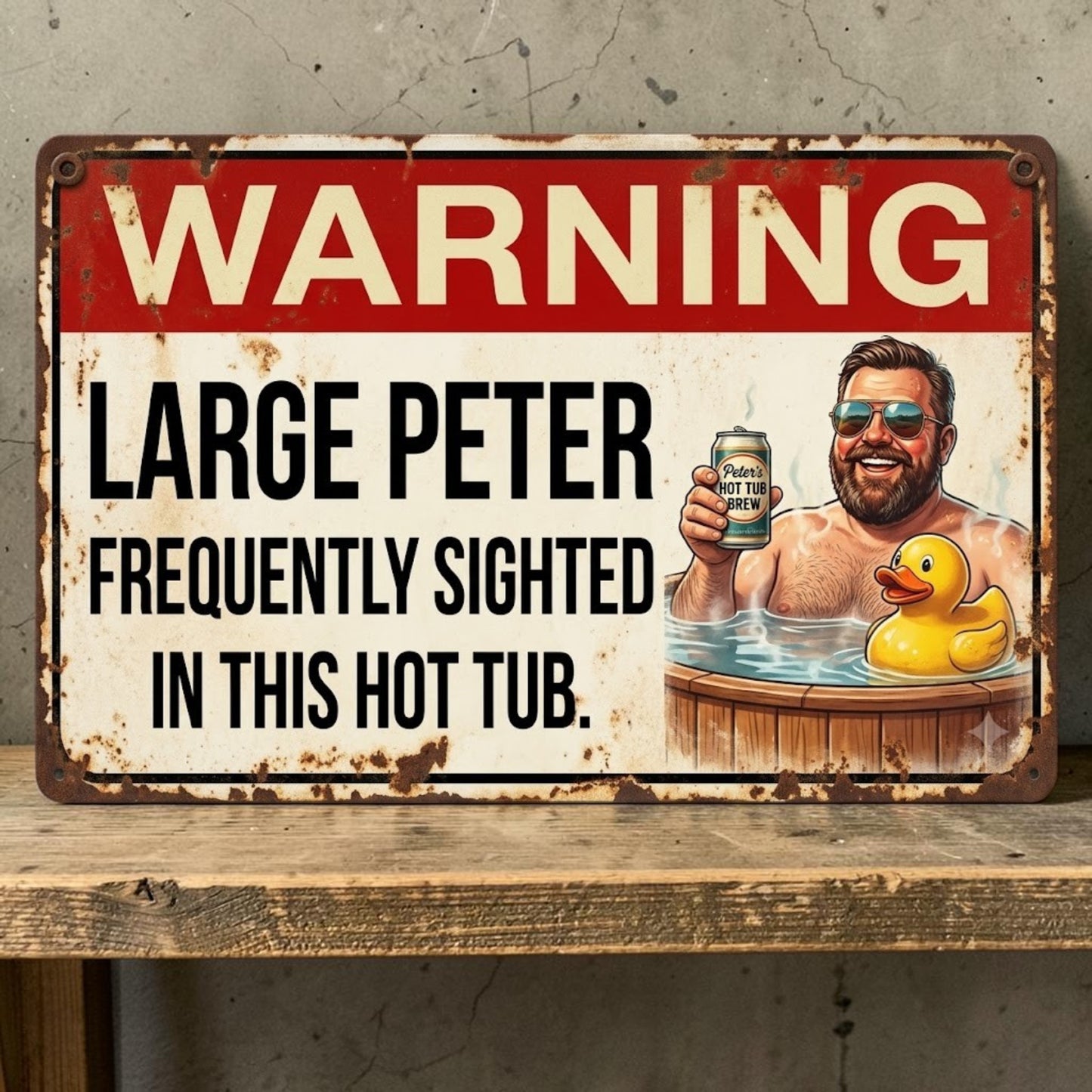 Funny handmade aluminum hot tub sign featuring a larger man relaxing with a rubber ducky.
