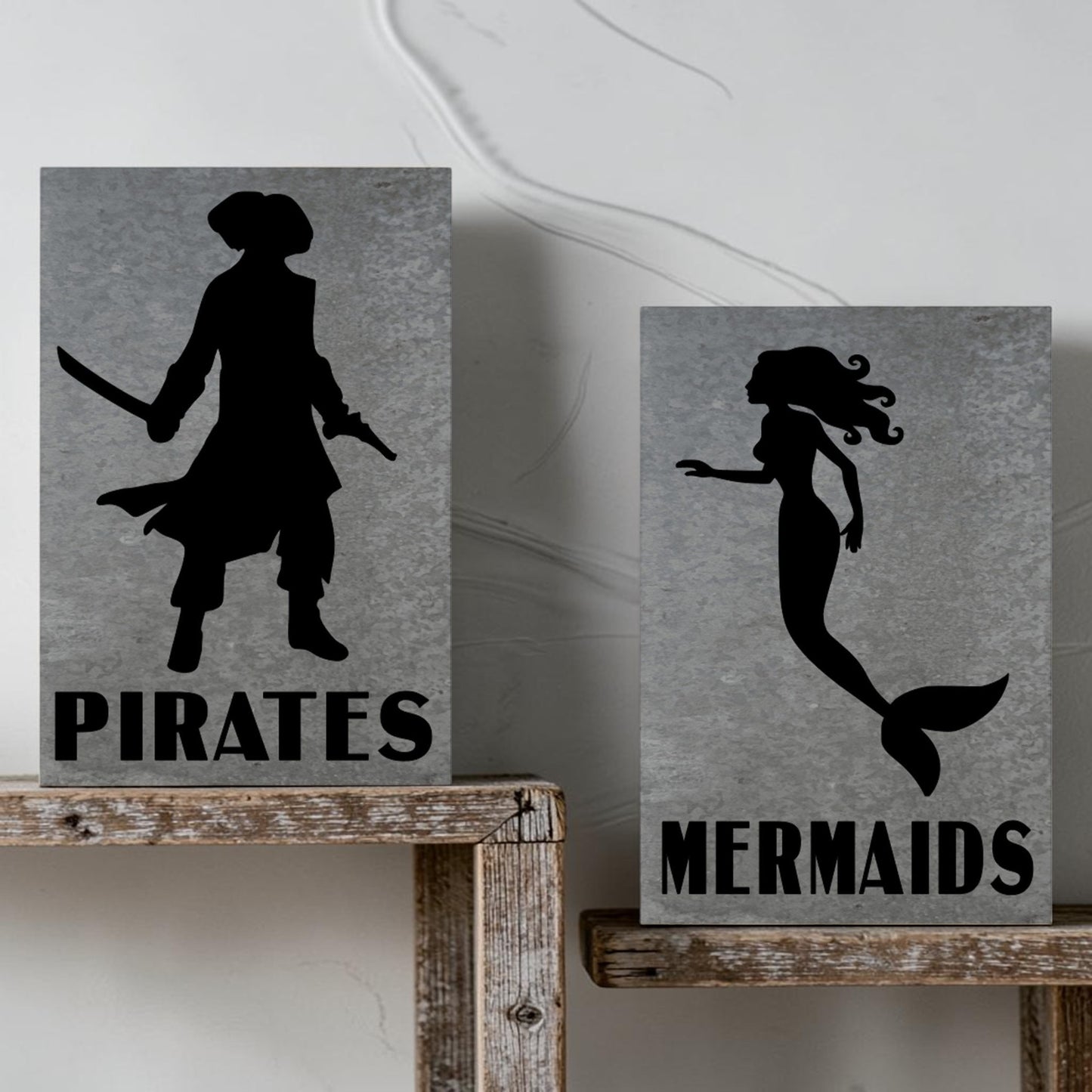 Pirates bathroom metal sign
Mermaids bathroom metal sign
Nautical barn metal restroom set
Hand-painted coastal washroom signs
Rustic marina bathroom decor set