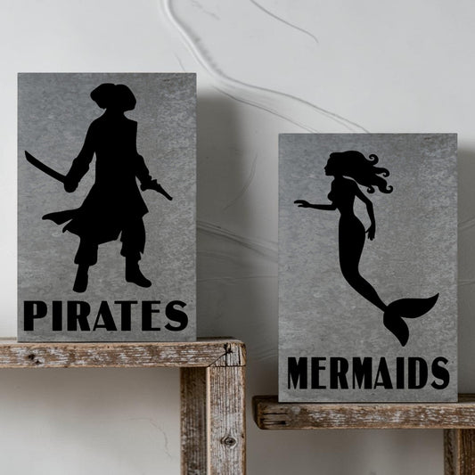 Pirates bathroom metal sign
Mermaids bathroom metal sign
Nautical barn metal restroom set
Hand-painted coastal washroom signs
Rustic marina bathroom decor set