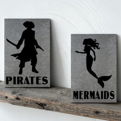 Pirates bathroom metal sign
Mermaids bathroom metal sign
Nautical barn metal restroom set
Hand-painted coastal washroom signs
Rustic marina bathroom decor set