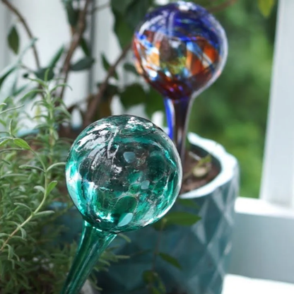 Colorful 14-inch hand-blown glass plant watering ball adding vibrant flair.