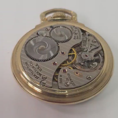 Hamilton 992B Railway Special Size 16 pocket watch with triple-sunk porcelain dial and original gold-filled scroll case.